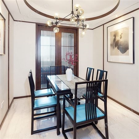 新中式餐桌椅纯实木 现代简约家用铜饰轻奢长方形饭桌组合六椅 可定做
