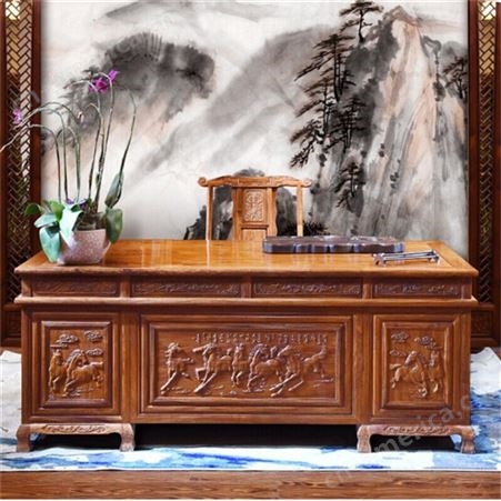 新中式老板桌 总裁桌禅意书桌椅组合 大班台白蜡木家具全实木办公桌 可定做