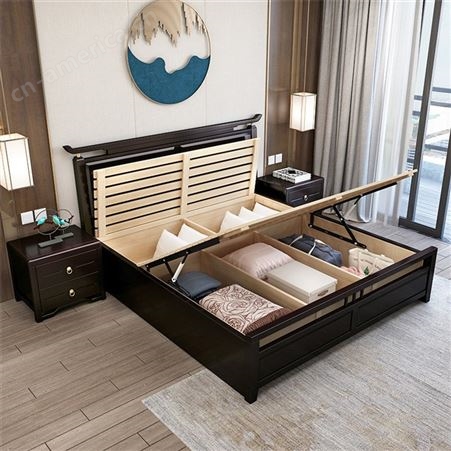 新中式实木床 1.8米现代简约美观双人床 轻奢禅意1.5米软靠储物床 可定做