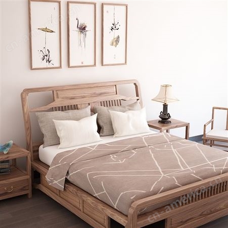 新中式实木床 1.8米双人床现代简约轻奢风 1.5高箱储物床主卧大婚床 可定做